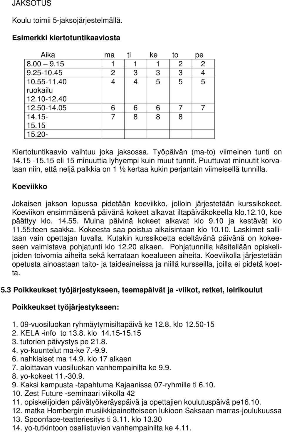 Puuttuvat minuutit korvataan niin, että neljä palkkia on 1 ½ kertaa kukin perjantain viimeisellä tunnilla. Koeviikko Jokaisen jakson lopussa pidetään koeviikko, jolloin järjestetään kurssikokeet.