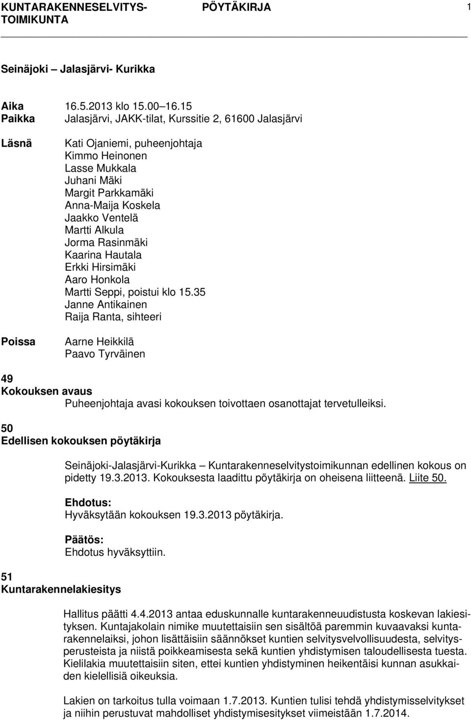 Martti Alkula Jorma Rasinmäki Kaarina Hautala Erkki Hirsimäki Aaro Honkola Martti Seppi, poistui klo 15.