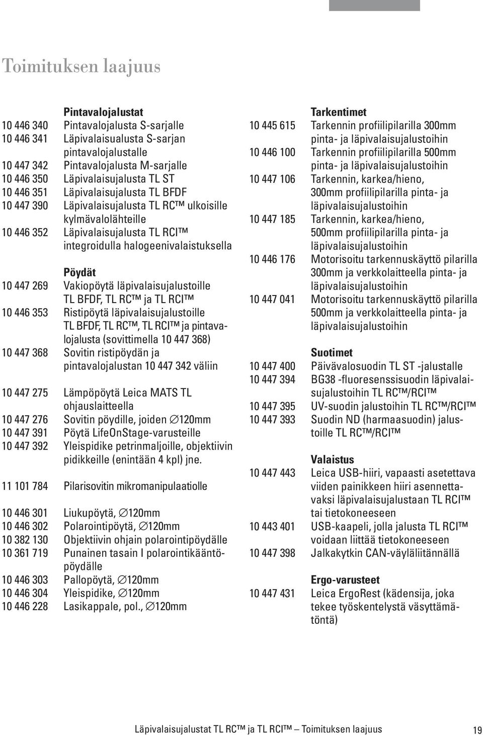 halogeenivalaistuksella Pöydät 10 447 269 Vakiopöytä läpivalaisujalustoille TL BFDF, TL RC ja TL RCI 10 446 353 Ristipöytä läpivalaisujalustoille TL BFDF, TL RC, TL RCI ja pintavalojalusta