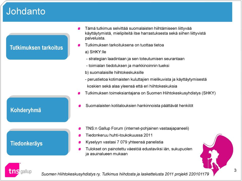 perustietoa kotimaisten kuluttajien mielikuvista ja käyttäytymisestä koskien sekä alaa yleensä että eri hiihtokeskuksia Tutkimuksen toimeksiantajana on Suomen Hiihtokeskusyhdistys (SHKY) Kohderyhmä