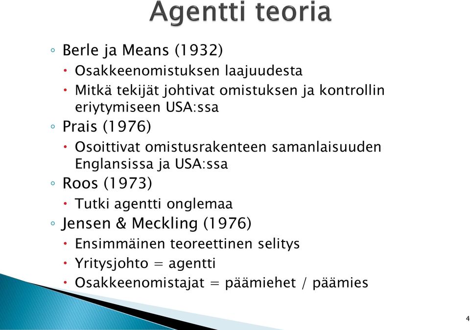 Englansissa ja USA:ssa Roos (1973) Tutki agentti onglemaa Jensen & Meckling (1976)