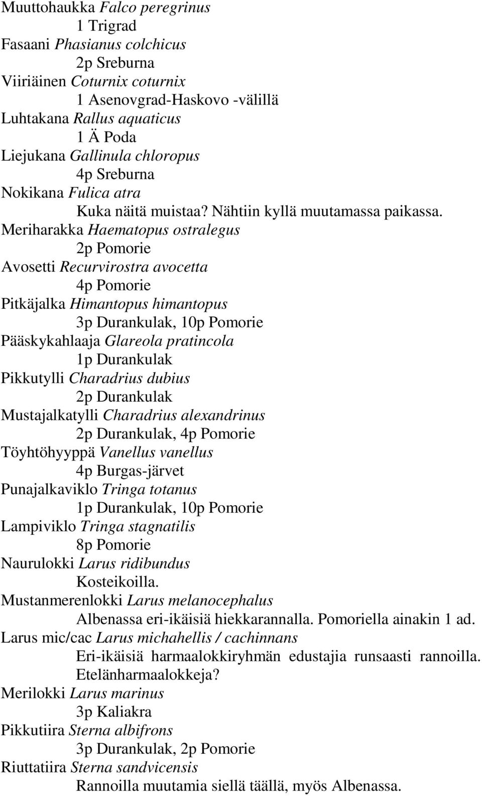 Meriharakka Haematopus ostralegus 2p Pomorie Avosetti Recurvirostra avocetta 4p Pomorie Pitkäjalka Himantopus himantopus 3p Durankulak, 10p Pomorie Pääskykahlaaja Glareola pratincola 1p Durankulak