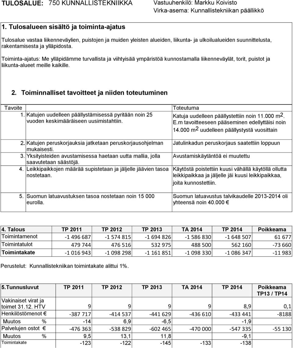 Toiminta-ajatus: Me ylläpidämme turvallista ja viihtyisää ympäristöä kunnostamalla liikenneväylät, torit, puistot ja liikunta-alueet meille kaikille. 2.