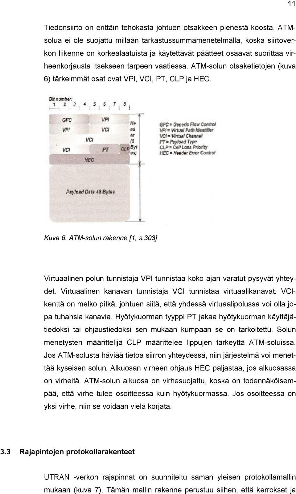 ATM-solun otsaketietojen (kuva 6) tärkeimmät osat ovat VPI, VCI, PT, CLP ja HEC. Kuva 6. ATM-solun rakenne [1, s.303] Virtuaalinen polun tunnistaja VPI tunnistaa koko ajan varatut pysyvät yhteydet.