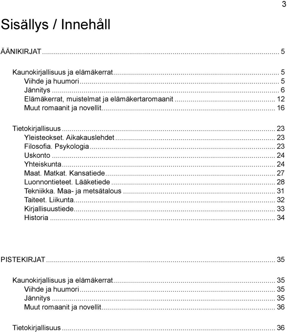 .. 24 Maat. Matkat. Kansatiede... 27 Luonnontieteet. Lääketiede... 28 Tekniikka. Maa- ja metsätalous... 31 Taiteet. Liikunta... 32 Kirjallisuustiede.