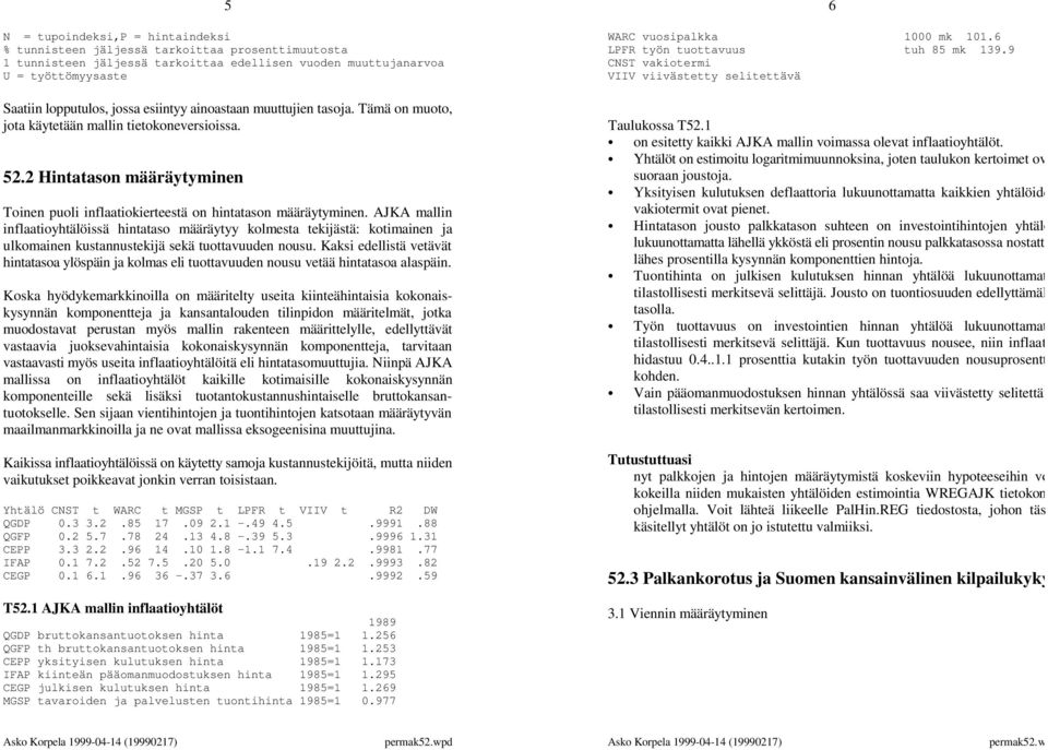 Tämä on muoto, jota käytetään mallin tietokoneversioissa. Taulukossa T52.1 on esitetty kaikki AJKA mallin voimassa olevat inflaatioyhtälöt.