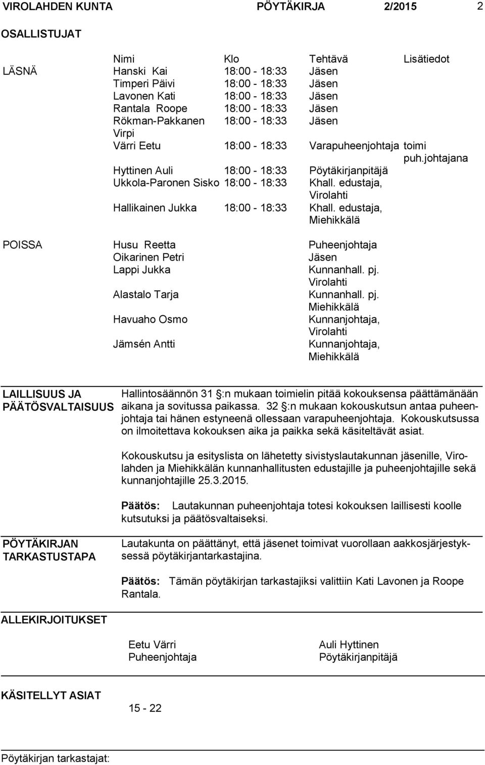 johtajana Hyttinen Auli 18:00-18:33 Pöytäkirjanpitäjä Ukkola-Paronen Sisko 18:00-18:33 Khall. edustaja, Virolahti Hallikainen Jukka 18:00-18:33 Khall.