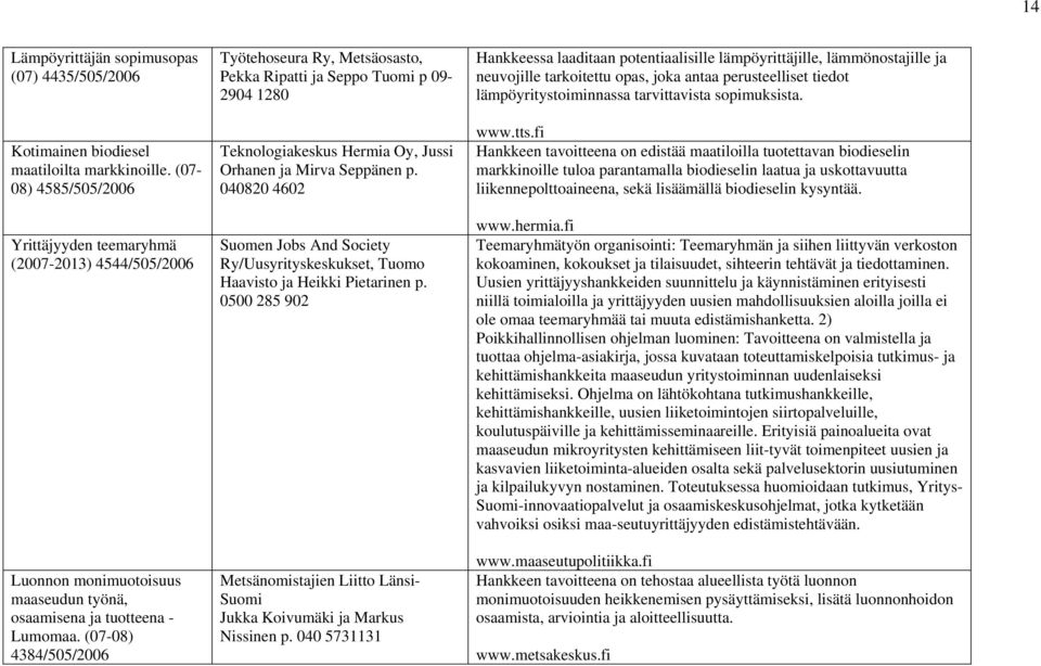 (07-08) 4384/505/2006 Työtehoseura Ry, Metsäosasto, Pekka Ripatti ja Seppo Tuomi p 09-2904 1280 Teknologiakeskus Hermia Oy, Jussi Orhanen ja Mirva Seppänen p.