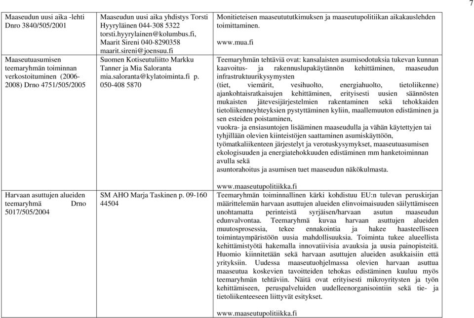 fi Suomen Kotiseutuliitto Markku Tanner ja Mia Saloranta mia.saloranta@kylatoiminta.fi p. 050-408 5870 SM AHO Marja Taskinen p.