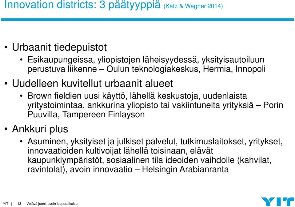 yliopisto tai vakiintuneita yrityksiä Porin Puuvilla, Tampereen Finlayson Ankkuri plus Asuminen, yksityiset ja julkiset palvelut, tutkimuslaitokset, yritykset,