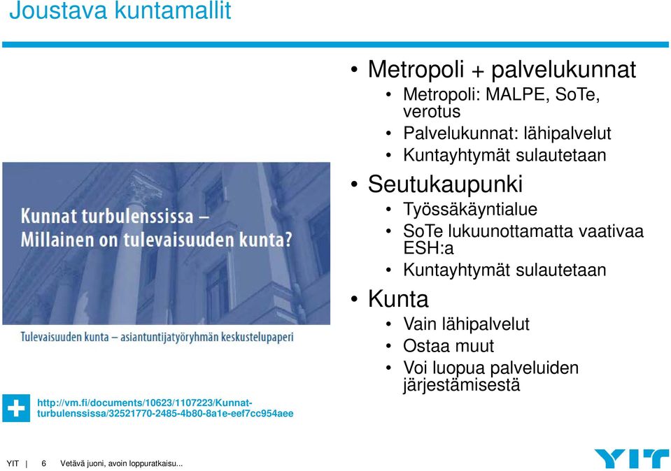 palvelukunnat Metropoli: MALPE, SoTe, verotus Palvelukunnat: lähipalvelut Kuntayhtymät sulautetaan