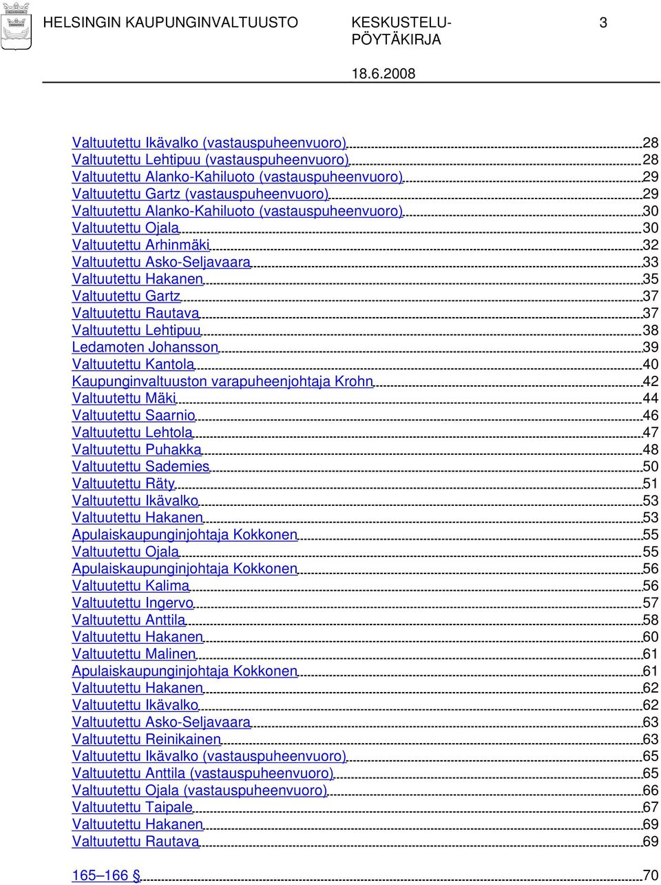 Gartz 37 Valtuutettu Rautava 37 Valtuutettu Lehtipuu 38 Ledamoten Johansson 39 Valtuutettu Kantola 40 Kaupunginvaltuuston varapuheenjohtaja Krohn 42 Valtuutettu Mäki 44 Valtuutettu Saarnio 46