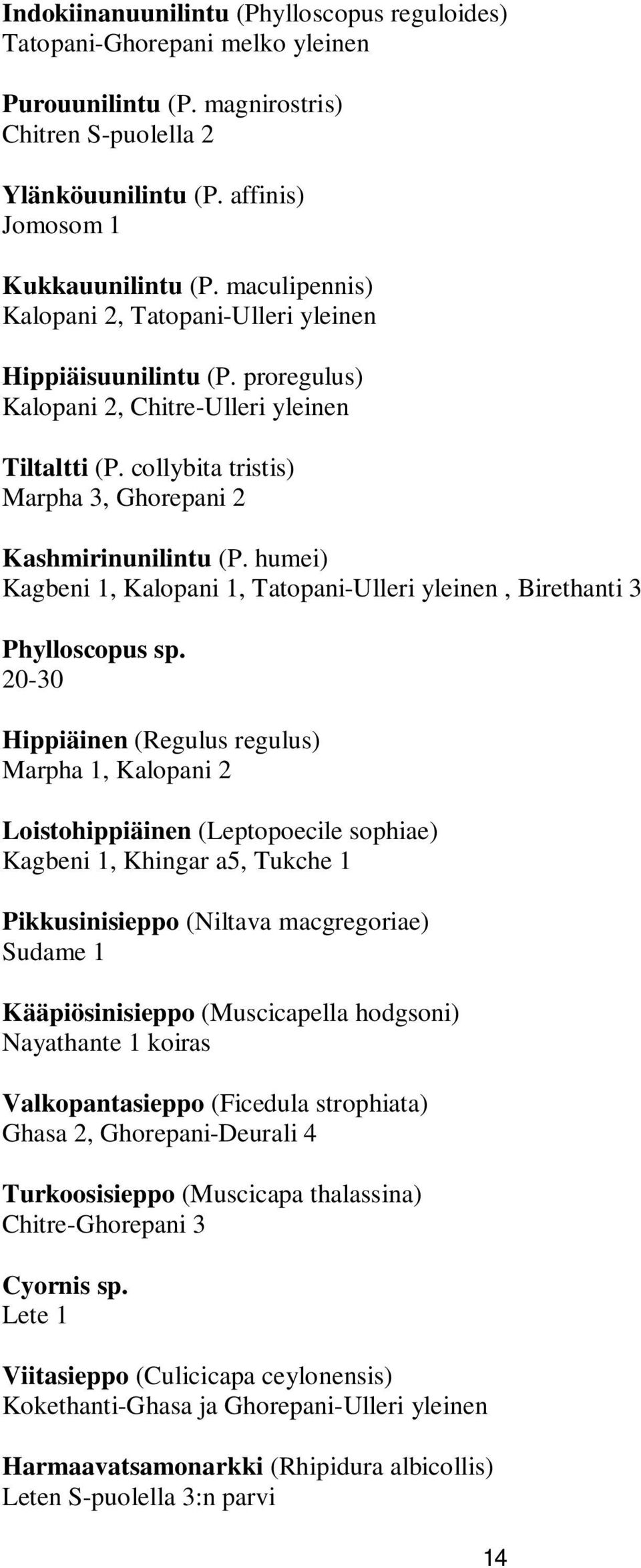 humei) Kagbeni 1, Kalopani 1, Tatopani-Ulleri yleinen, Birethanti 3 Phylloscopus sp.