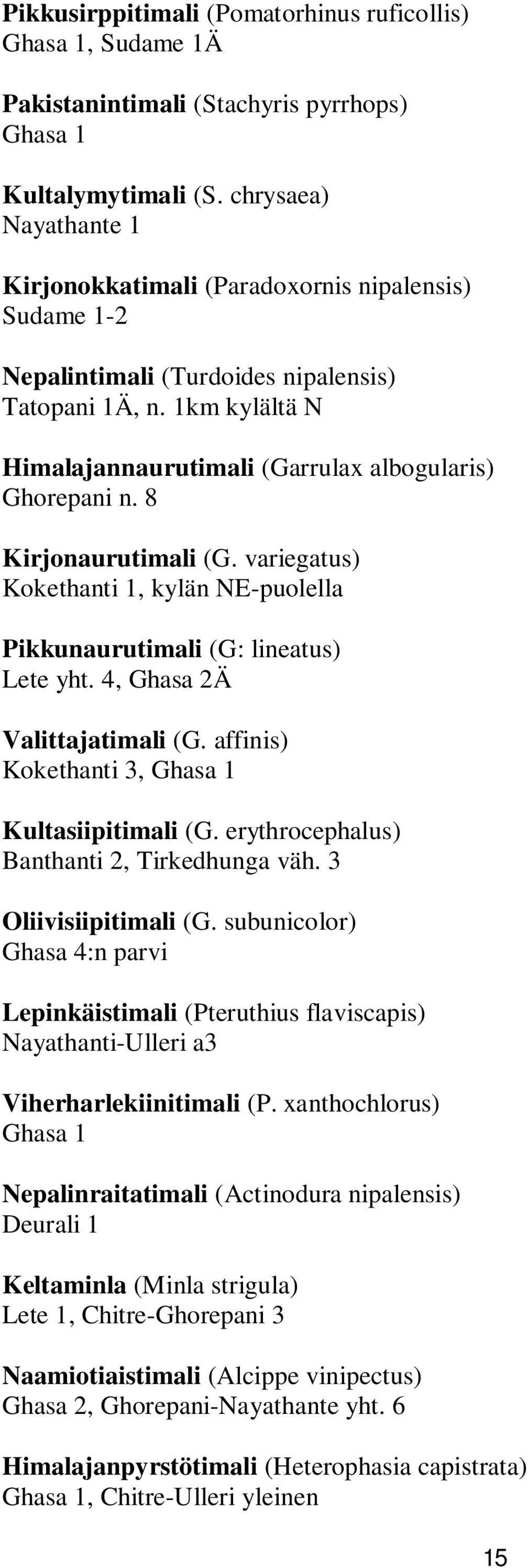 8 Kirjonaurutimali (G. variegatus) Kokethanti 1, kylän NE-puolella Pikkunaurutimali (G: lineatus) Lete yht. 4, Ghasa 2Ä Valittajatimali (G. affinis) Kokethanti 3, Ghasa 1 Kultasiipitimali (G.