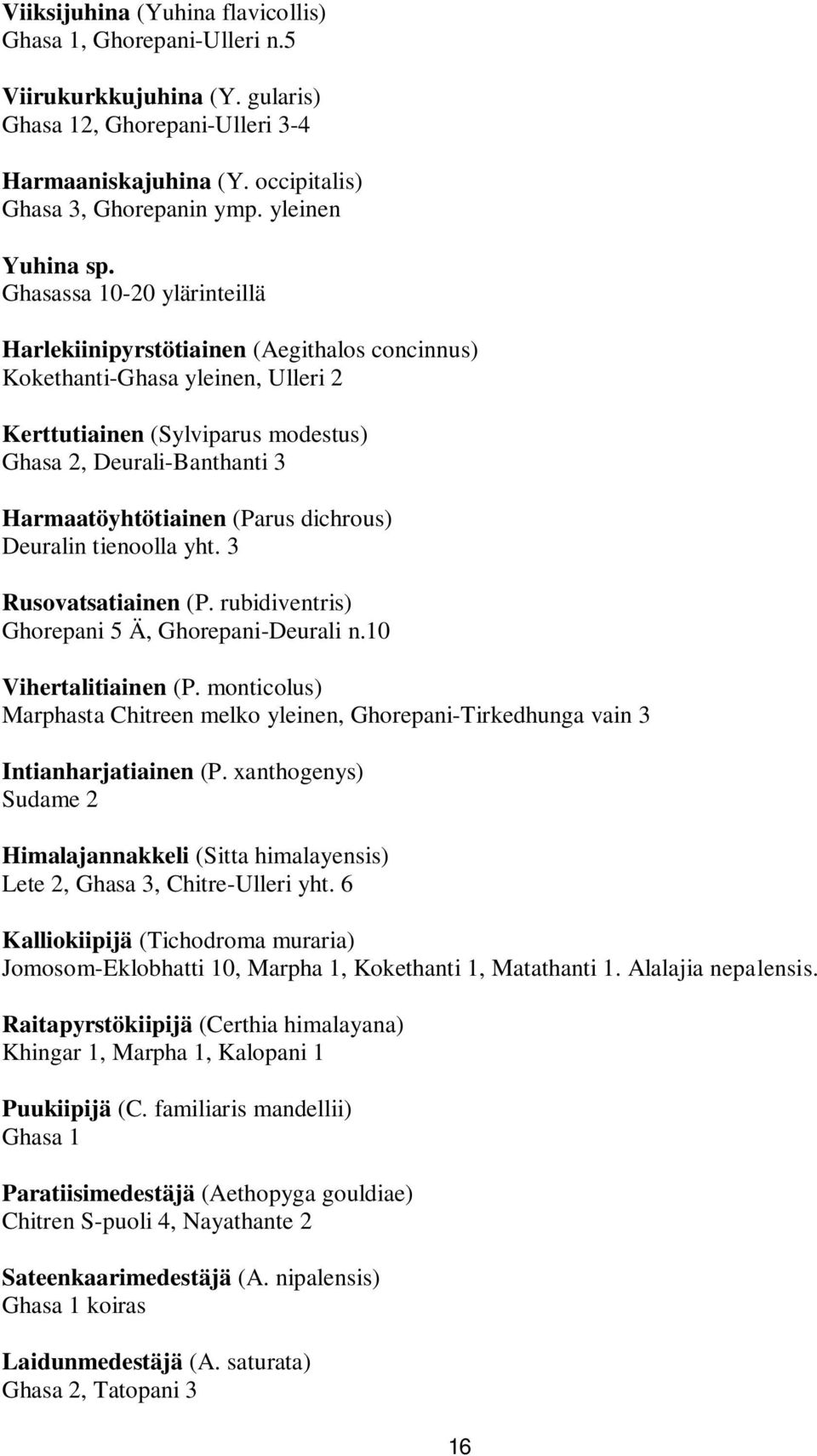 Ghasassa 10-20 ylärinteillä Harlekiinipyrstötiainen (Aegithalos concinnus) Kokethanti-Ghasa yleinen, Ulleri 2 Kerttutiainen (Sylviparus modestus) Ghasa 2, Deurali-Banthanti 3 Harmaatöyhtötiainen
