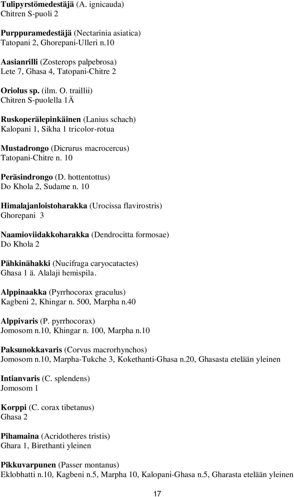 iolus sp. (ilm. O. traillii) Chitren S-puolella 1Ä Ruskoperälepinkäinen (Lanius schach) Kalopani 1, Sikha 1 tricolor-rotua Mustadrongo (Dicrurus macrocercus) Tatopani-Chitre n. 10 Peräsindrongo (D.