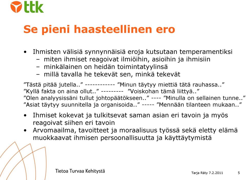 . Olen analyysissäni tullut johtopäätökseen.. ---- Minulla on sellainen tunne.. Asiat täytyy suunnitella ja organisoida.. ----- Mennään tilanteen mukaan.