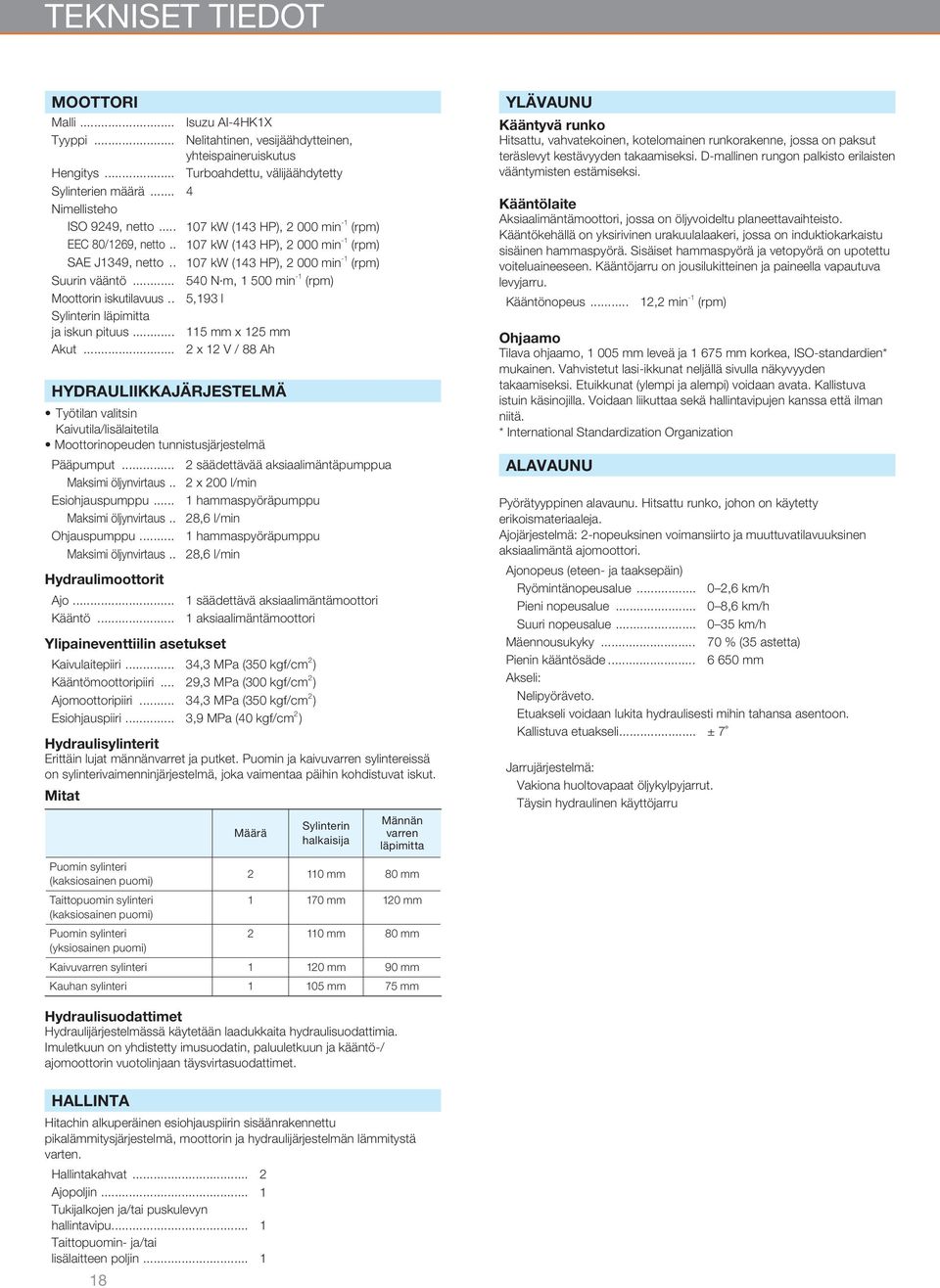 .. 540 N m, 1 500 min -1 (rpm) Moottorin iskutilavuus.. 5,193 l Sylinterin läpimitta ja iskun pituus... 115 mm x 125 mm Akut.