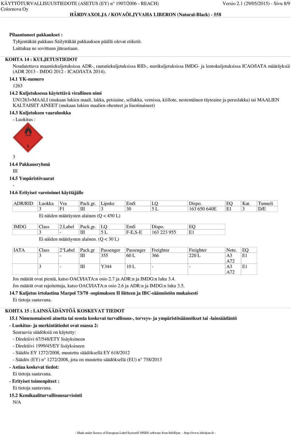 KOHTA 14 : KULJETUSTIEDOT Noudatettava maantiekuljetuksissa ADR-, rautatiekuljetuksissa RID-, merikuljetuksissa IMDG- ja lentokuljetuksissa ICAO/IATA määräyksiä (ADR 2013 - IMDG 2012 - ICAO/IATA