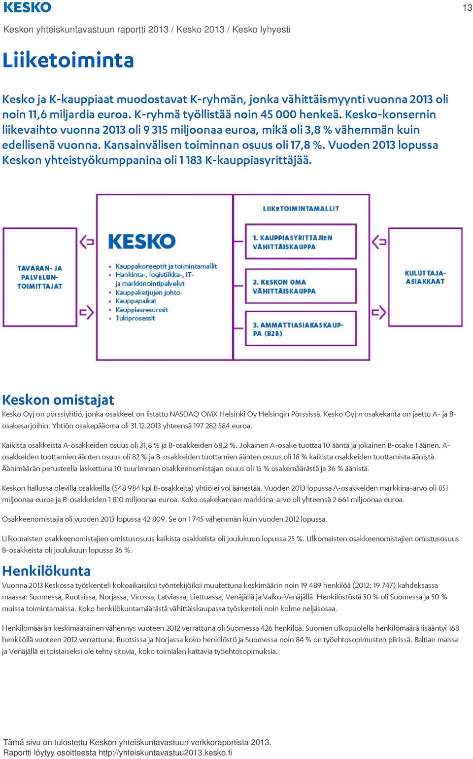Vuoden 2013 lopussa Keskon yhteistyökumppanina oli 1 183 K-kauppiasyrittäjää. Keskon omistajat Kesko Oyj on pörssiyhtiö, jonka osakkeet on listattu NASDAQ OMX Helsinki Oy Helsingin Pörssissä.