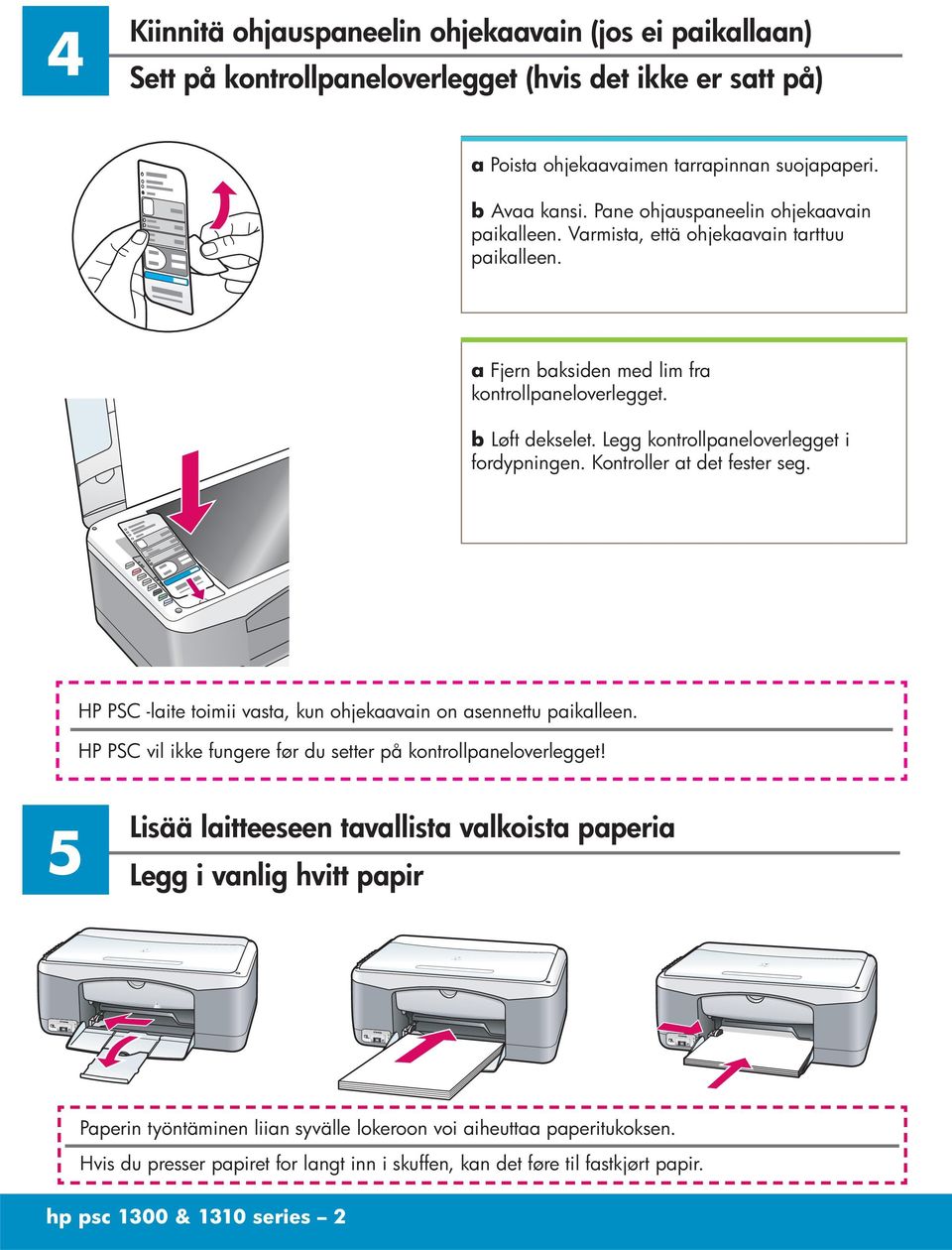 Legg kontrollpaneloverlegget i fordypningen. Kontroller at det fester seg. HP PSC -laite toimii vasta, kun ohjekaavain on asennettu paikalleen.