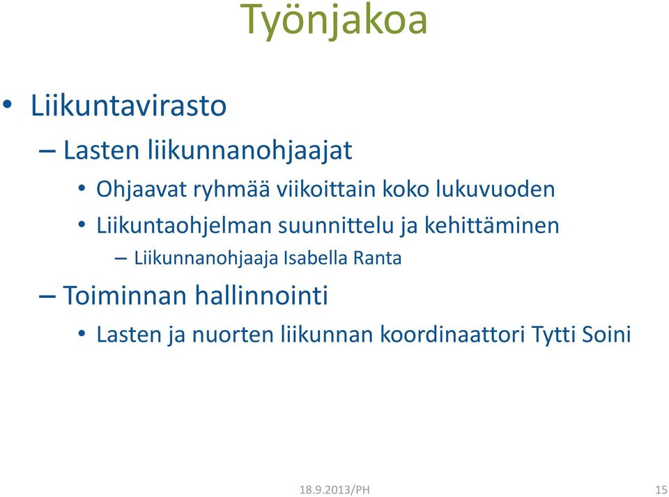 suunnittelu ja kehittäminen Liikunnanohjaaja Isabella Ranta
