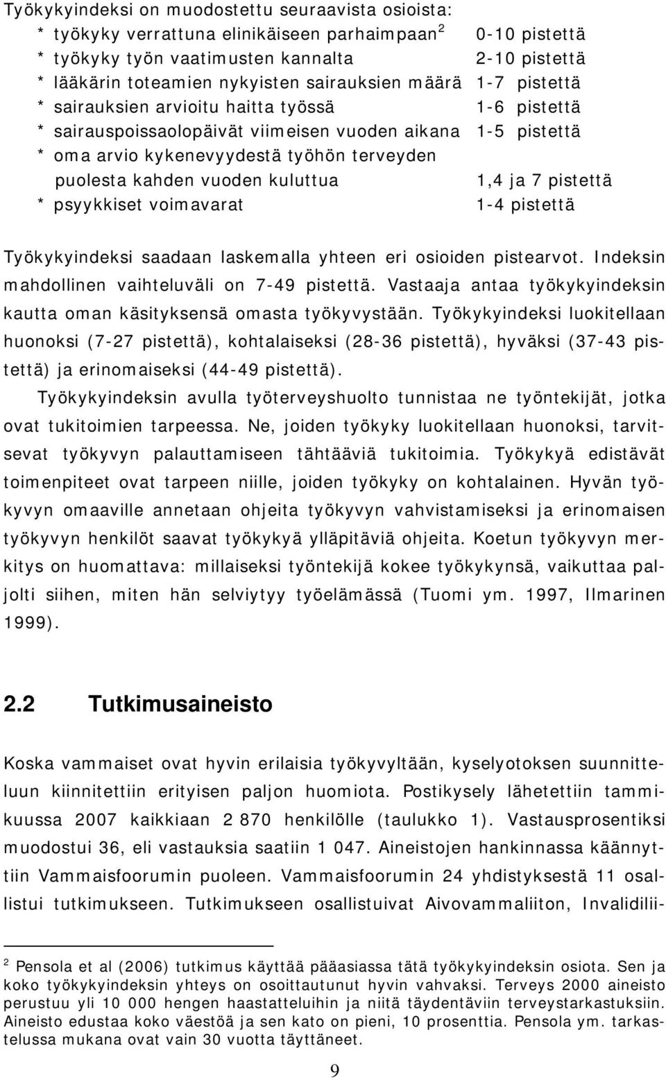 kahden vuoden kuluttua 1,4 ja 7 pistettä * psyykkiset voimavarat 1-4 pistettä Työkykyindeksi saadaan laskemalla yhteen eri osioiden pistearvot. Indeksin mahdollinen vaihteluväli on 7-49 pistettä.