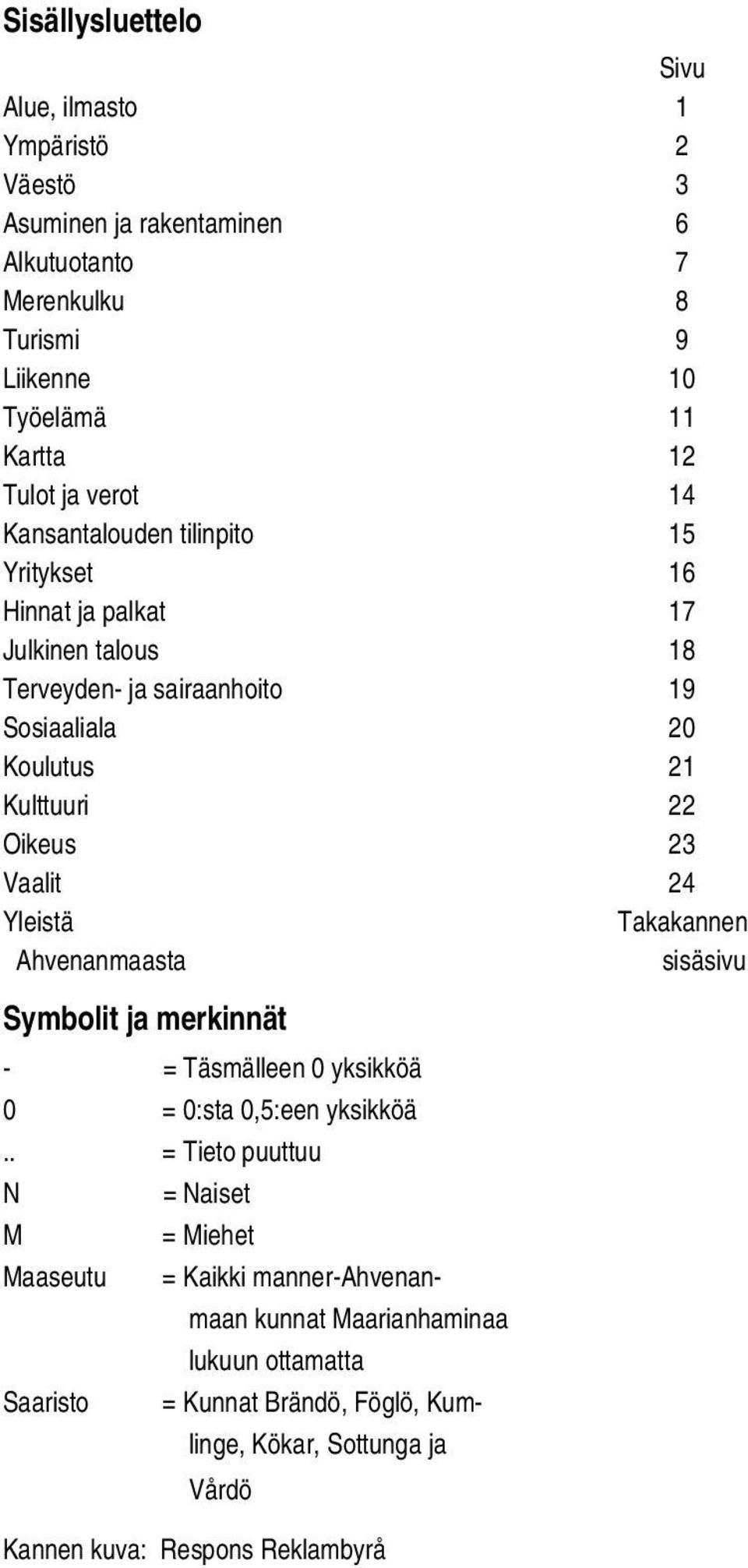 Vaalit 24 Yleistä Takakannen Ahvenanmaasta sisäsivu Symbolit ja merkinnät - = Täsmälleen 0 yksikköä 0 = 0:sta 0,5:een yksikköä.