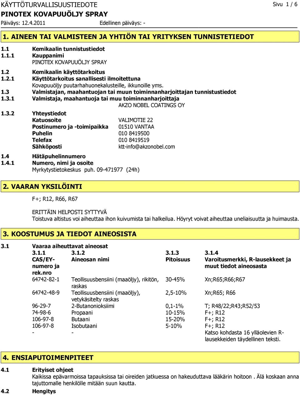 3.1 Valmistaja, maahantuoja tai muu toiminnanharjoittaja AKZO NOBEL COATINGS OY 1.3.2 Yhteystiedot Katuosoite VALIMOTIE 22 Postinumero ja -toimipaikka 01510 VANTAA Puhelin 010 8419500 Telefax 010 8419519 Sähköposti ktt-info@akzonobel.