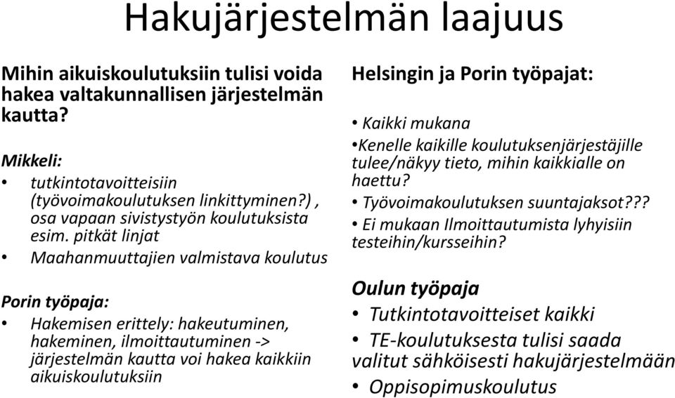 pitkät linjat Maahanmuuttajien valmistava koulutus Porin työpaja: Hakemisen erittely: hakeutuminen, hakeminen, ilmoittautuminen -> järjestelmän kautta voi hakea kaikkiin aikuiskoulutuksiin