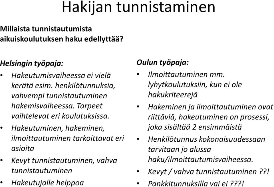 Hakeutuminen, hakeminen, ilmoittautuminen tarkoittavat eri asioita Kevyt tunnistautuminen, vahva tunnistautuminen Hakeutujalle helppoa Oulun työpaja: Ilmoittautuminen mm.