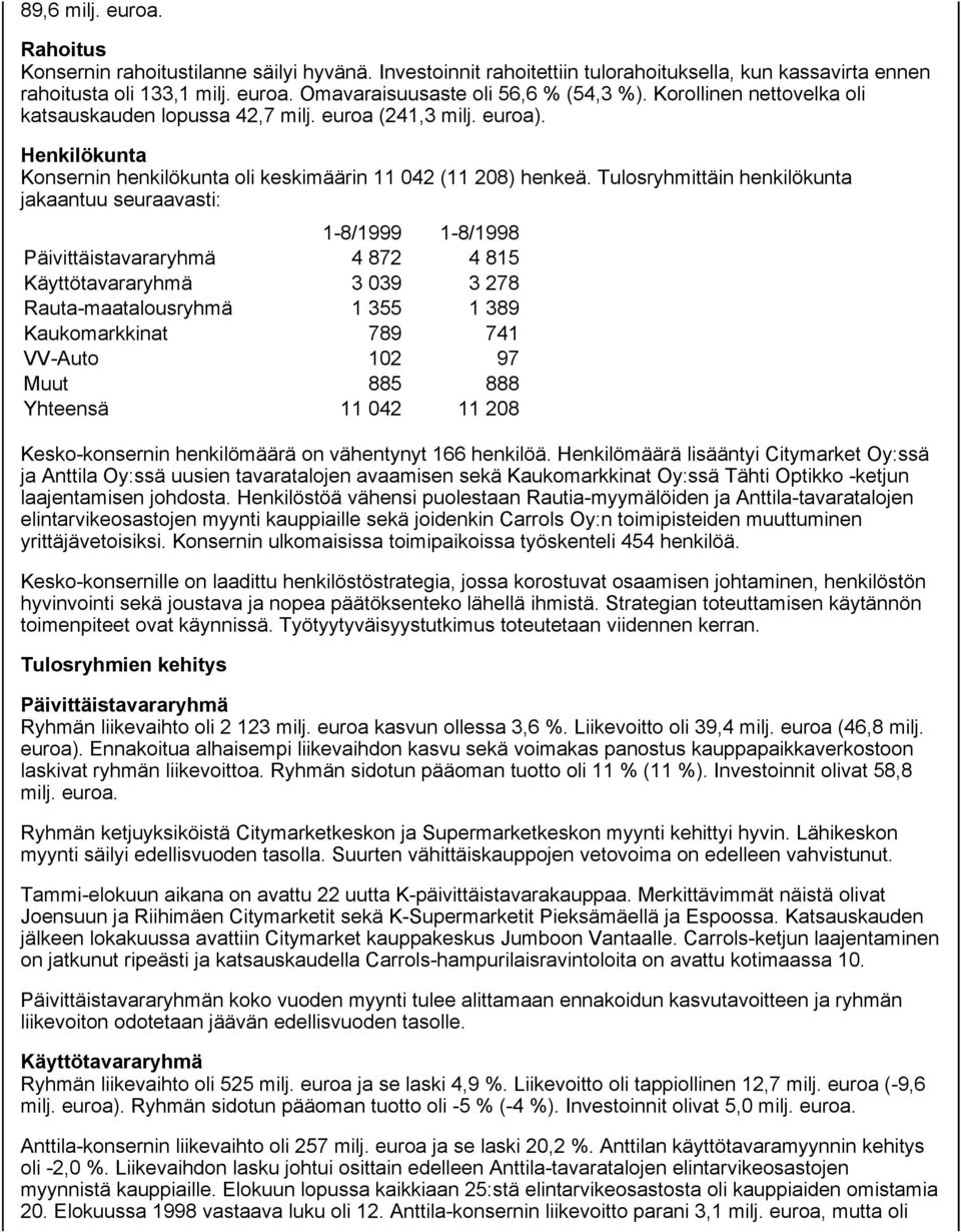 Tulosryhmittäin henkilökunta jakaantuu seuraavasti: 1-8/1999 1-8/1998 Päivittäistavararyhmä 4 872 4 815 Käyttötavararyhmä 3 039 3 278 Rauta-maatalousryhmä 1 355 1 389 Kaukomarkkinat 789 741 VV-Auto