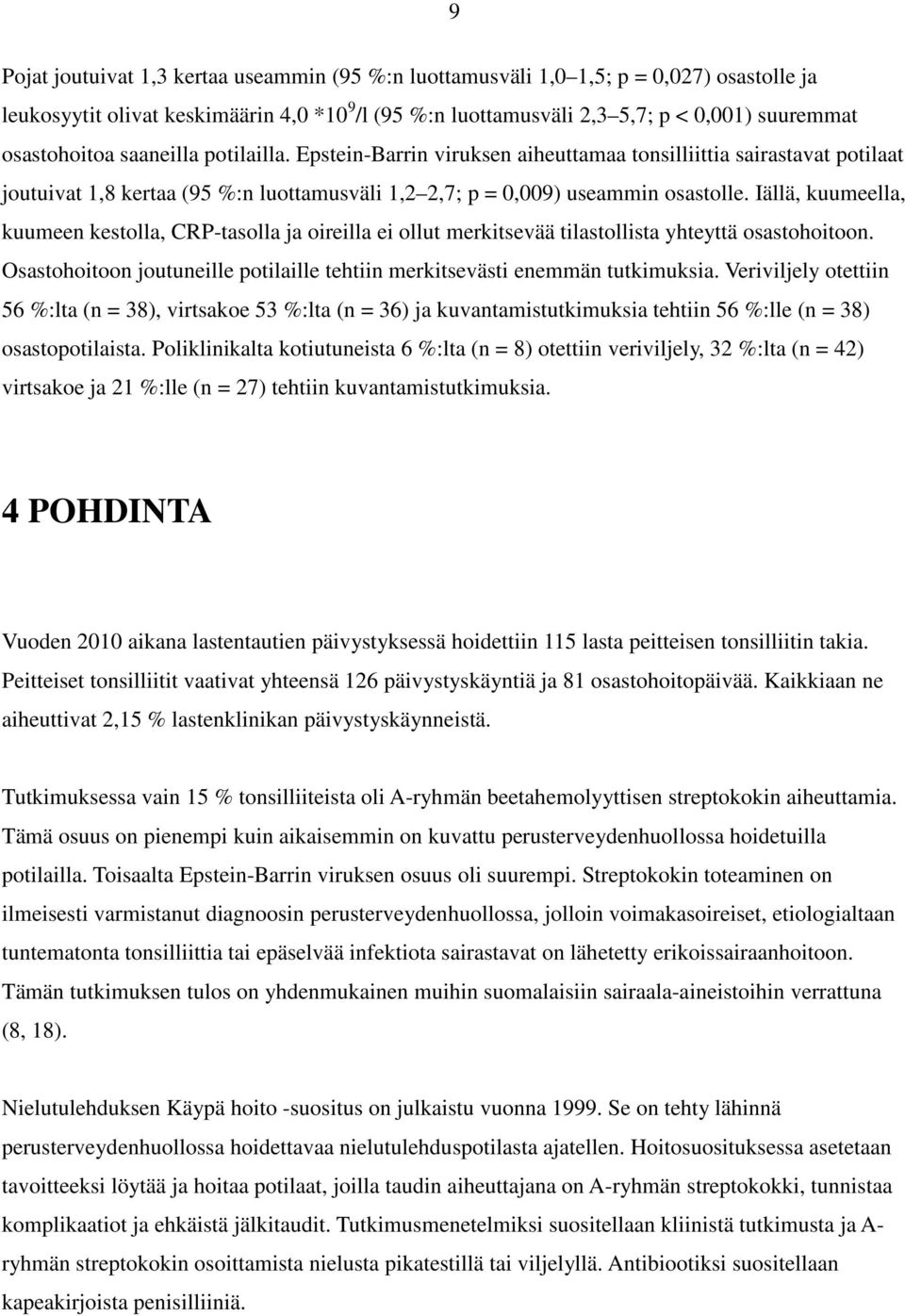 Iällä, kuumeella, kuumeen kestolla, CRP-tasolla ja oireilla ei ollut merkitsevää tilastollista yhteyttä osastohoitoon. Osastohoitoon joutuneille potilaille tehtiin merkitsevästi enemmän tutkimuksia.