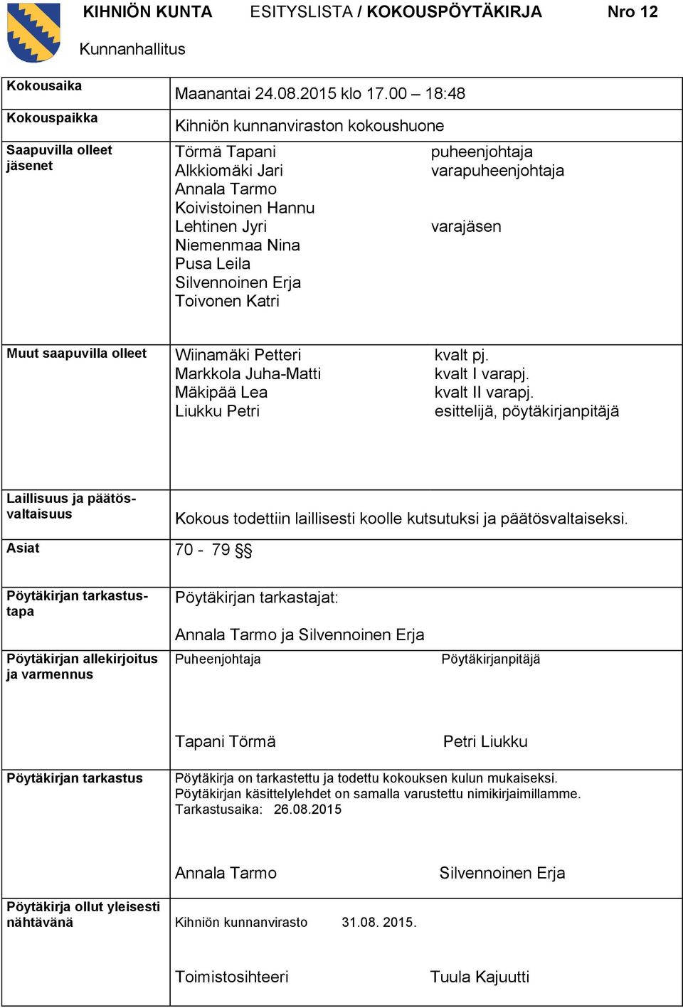 varapuheenjohtaja varajäsen Muut saapuvilla olleet Wiinamäki Petteri Markkola Juha-Matti Mäkipää Lea Liukku Petri kvalt pj. kvalt I varapj. kvalt II varapj.