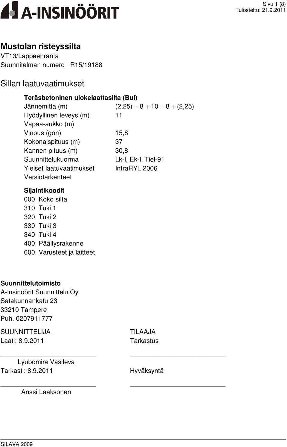 InfraRYL 2006 Versiotarkenteet Sijaintikoodit 000 Koko silta 310 Tuki 1 320 Tuki 2 330 Tuki 3 340 Tuki 4 400 Päällysrakenne 600 Varusteet ja laitteet Suunnittelutoimisto