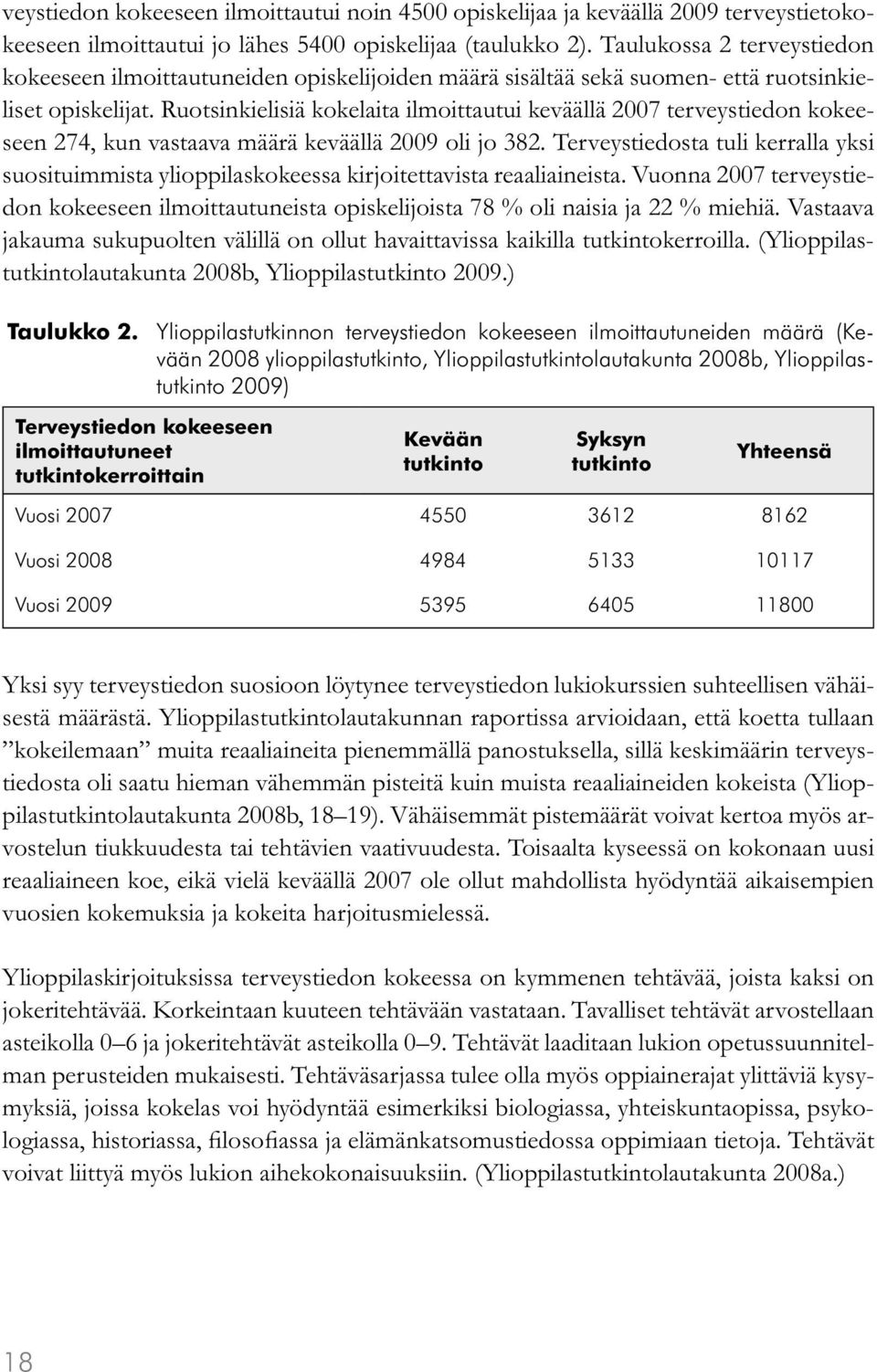 Ruotsinkielisiä kokelaita ilmoittautui keväällä 2007 terveystiedon kokeeseen 274, kun vastaava määrä keväällä 2009 oli jo 382.