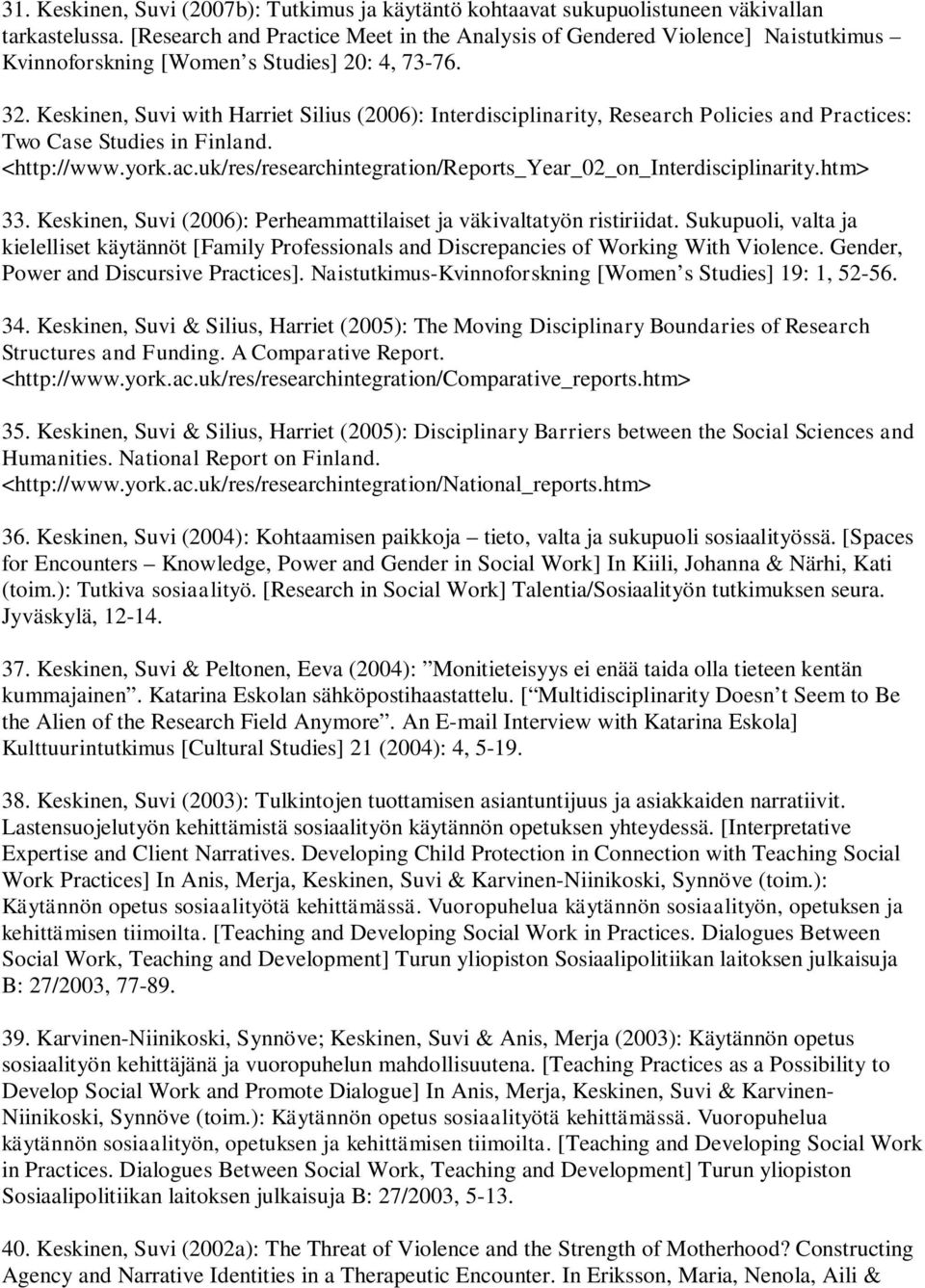 Keskinen, Suvi with Harriet Silius (2006): Interdisciplinarity, Research Policies and Practices: Two Case Studies in Finland. <http://www.york.ac.uk/res/researchintegration/reports_year_02_on_interdisciplinarity.