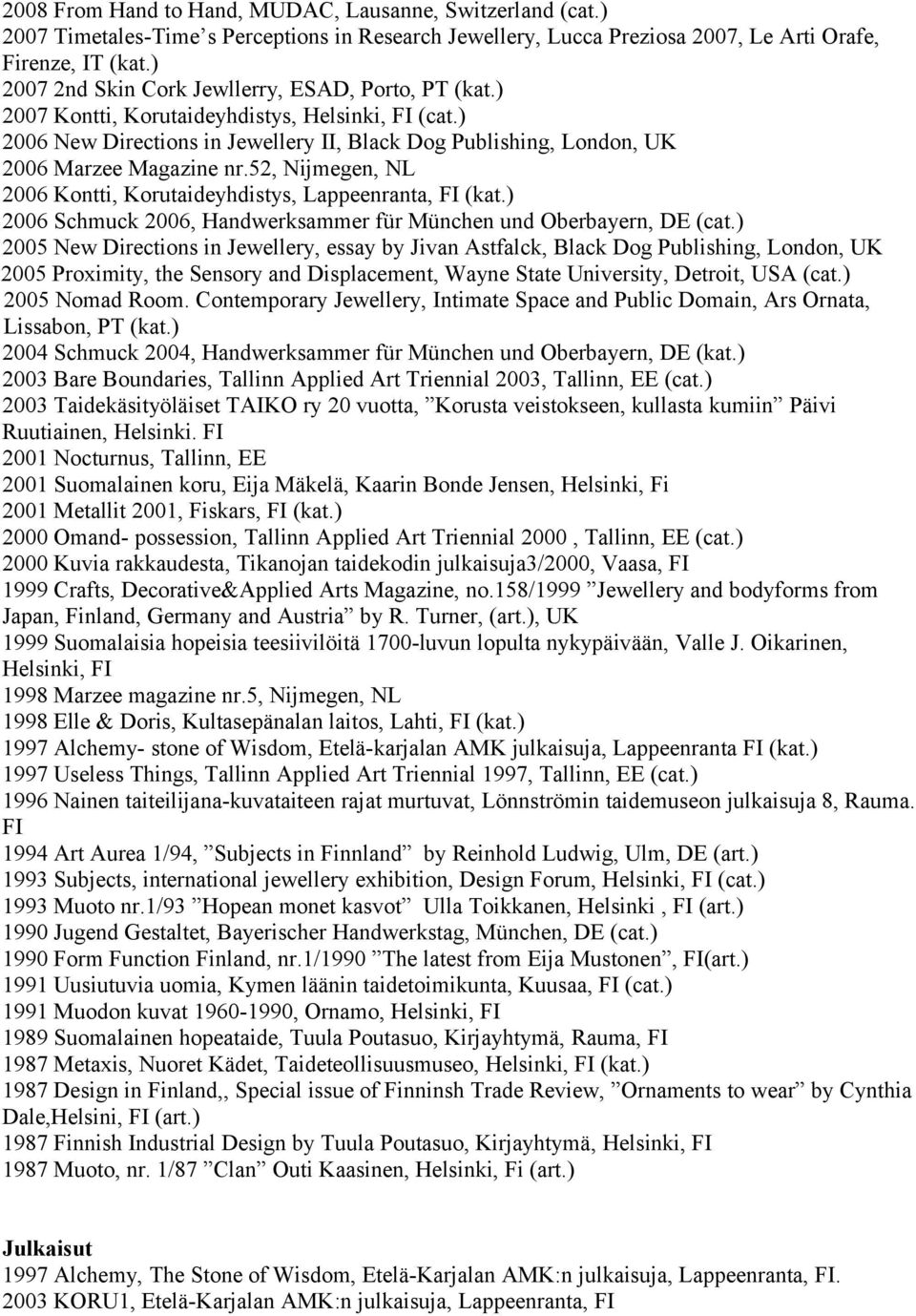 ) 2006 New Directions in Jewellery II, Black Dog Publishing, London, UK 2006 Marzee Magazine nr.52, Nijmegen, NL 2006 Kontti, Korutaideyhdistys, Lappeenranta, FI (kat.