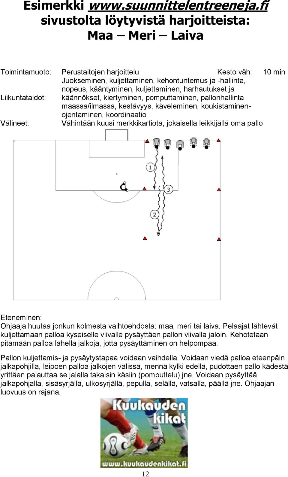 kuljettaminen, harhautukset ja Liikuntataidot: käännökset, kiertyminen, pomputtaminen, pallonhallinta maassa/ilmassa, kestävyys, käveleminen, koukistaminenojentaminen, koordinaatio Välineet: