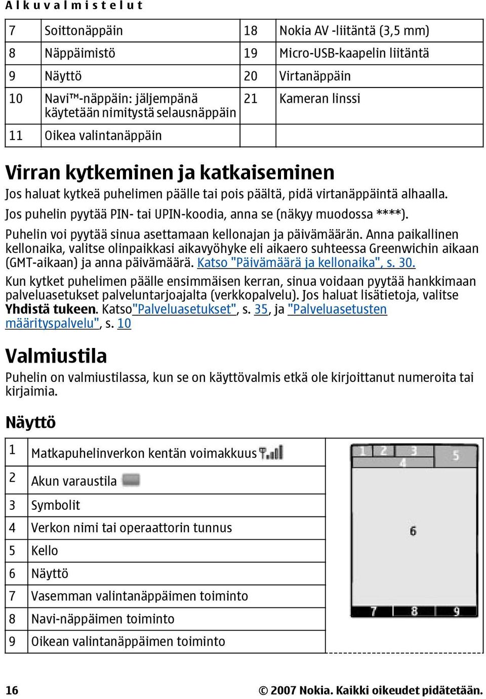 Jos puhelin pyytää PIN- tai UPIN-koodia, anna se (näkyy muodossa ****). Puhelin voi pyytää sinua asettamaan kellonajan ja päivämäärän.