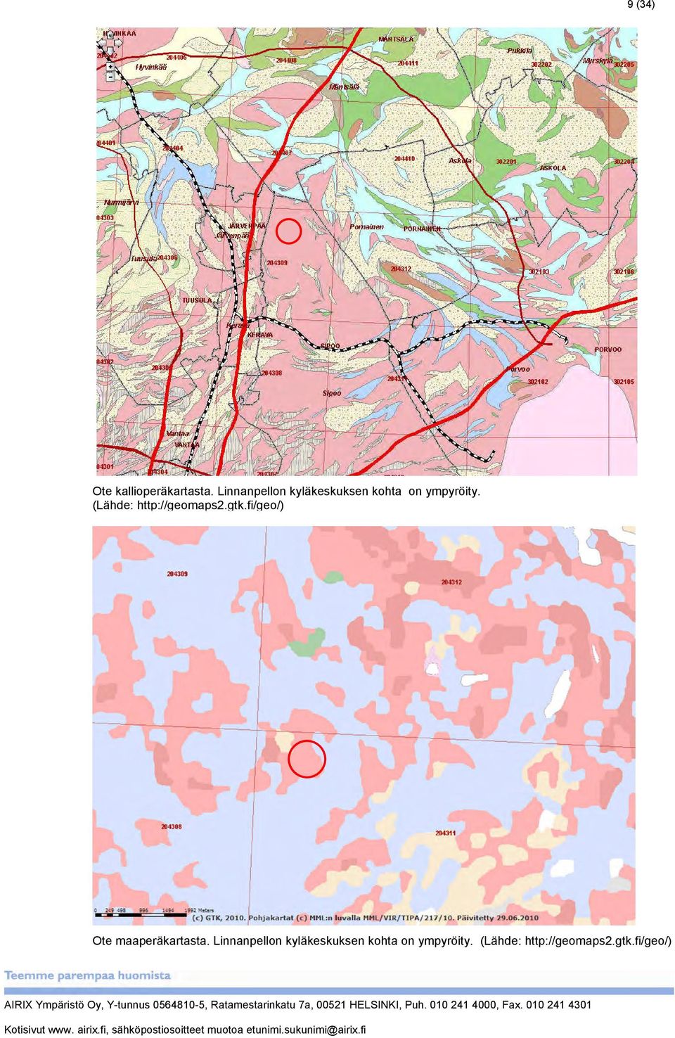 Linnanpellon kyläkeskuksen kohta on ympyröity. (Lähde: http://geomaps2.gtk.