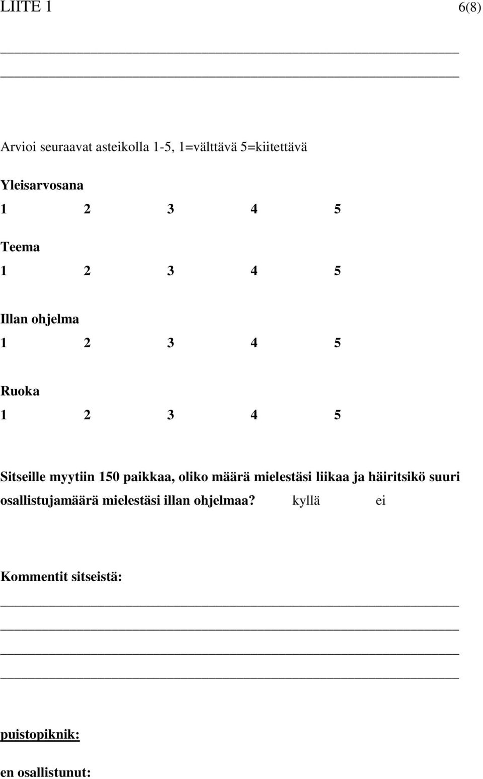 oliko määrä mielestäsi liikaa ja häiritsikö suuri osallistujamäärä