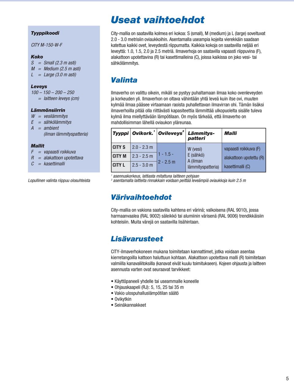 = kasettimalli Lopullinen valinta riippuu olosuhteista City-mallia on saatavilla kolmea eri kokoa: S (small), M (medium) ja L (large) soveltuvat 2.0-3.0 metrisiin oviaukkoihin.