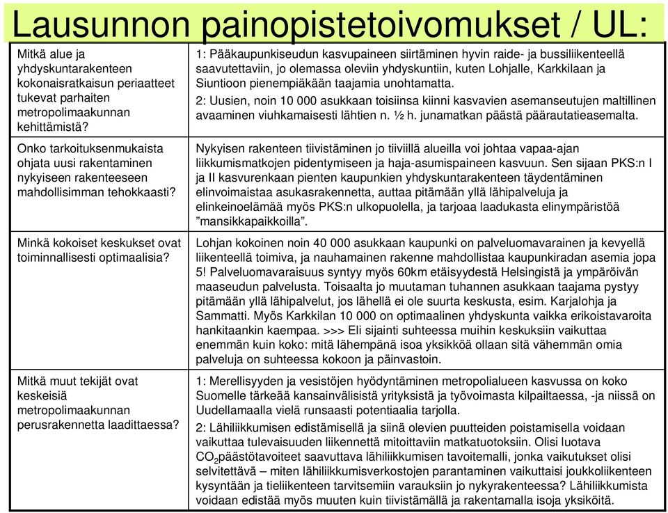 unohtamatta. 2: Uusien, noin 10 000 asukkaan toisiinsa kiinni kasvavien asemanseutujen maltillinen avaaminen viuhkamaisesti lähtien n. ½ h. junamatkan päästä päärautatieasemalta.