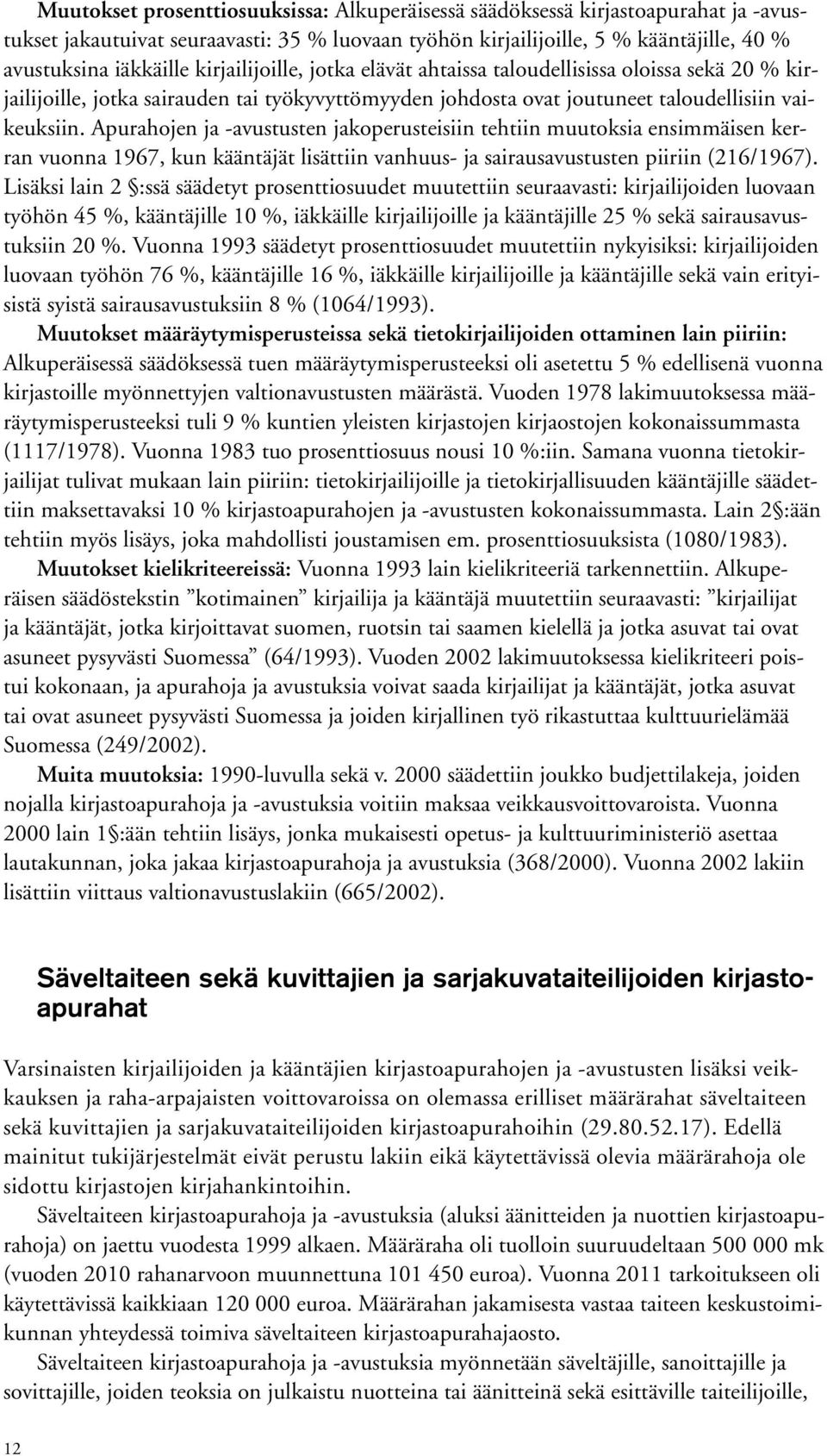 Apurahojen ja -avustusten jakoperusteisiin tehtiin muutoksia ensimmäisen kerran vuonna 1967, kun kääntäjät lisättiin vanhuus- ja sairausavustusten piiriin (216/1967).