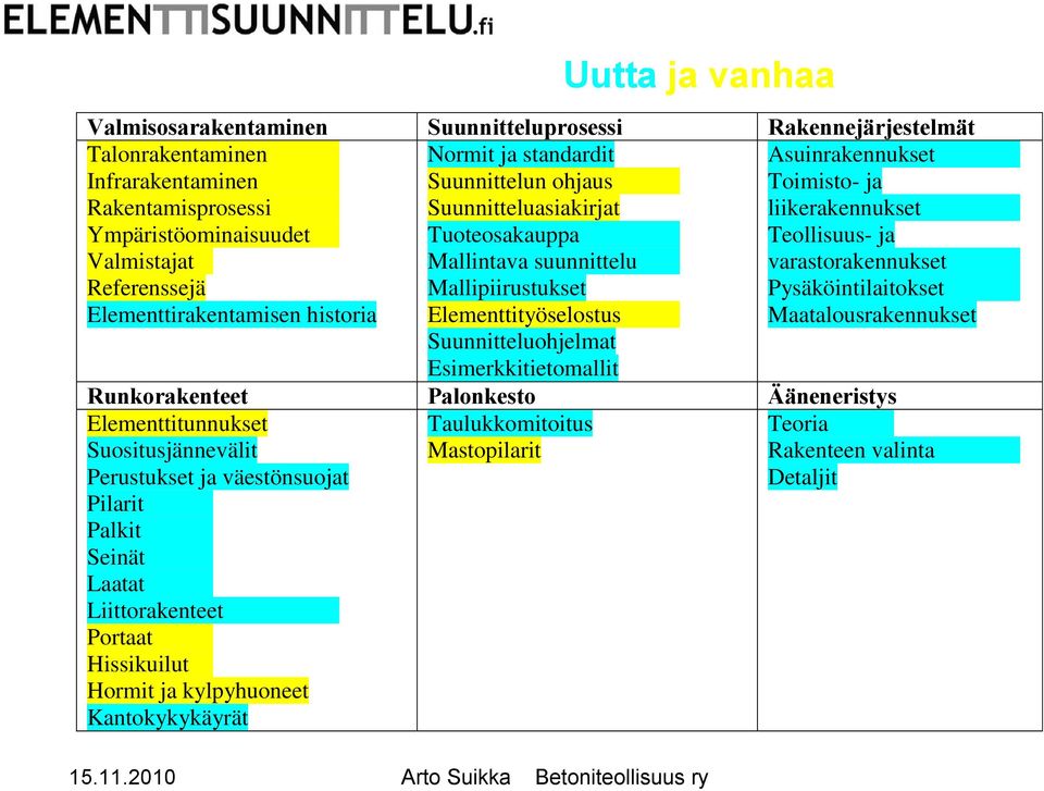 Esimerkkitietomallit Asuinrakennukset Toimisto- ja liikerakennukset Teollisuus- ja varastorakennukset Pysäköintilaitokset Maatalousrakennukset Runkorakenteet Palonkesto Ääneneristys