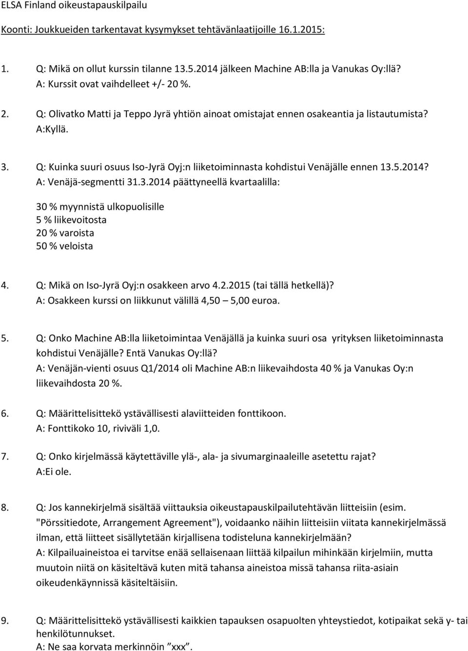 Q: Kuinka suuri osuus Iso-Jyrä Oyj:n liiketoiminnasta kohdistui Venäjälle ennen 13.5.2014? A: Venäjä-segmentti 31.3.2014 päättyneellä kvartaalilla: 30 % myynnistä ulkopuolisille 5 % liikevoitosta 20 % varoista 50 % veloista 4.