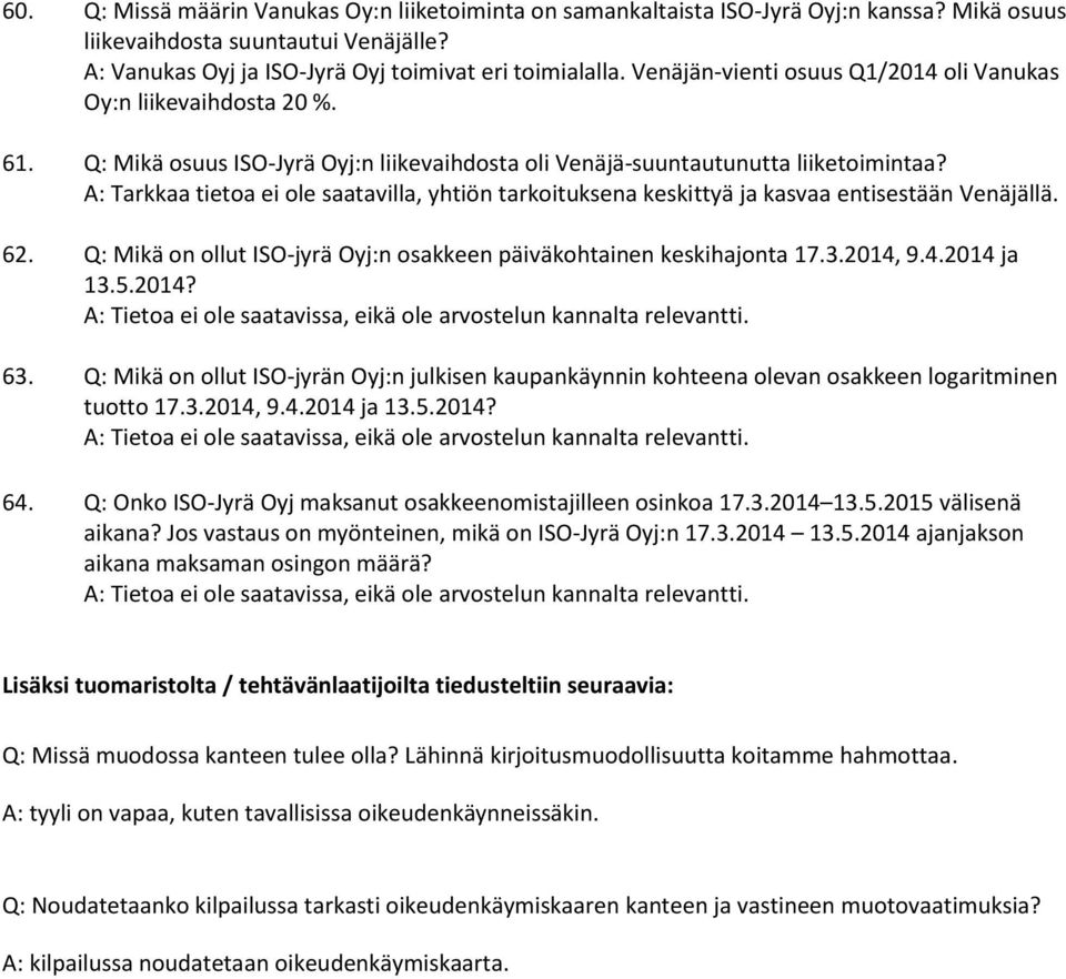 A: Tarkkaa tietoa ei ole saatavilla, yhtiön tarkoituksena keskittyä ja kasvaa entisestään Venäjällä. 62. Q: Mikä on ollut ISO-jyrä Oyj:n osakkeen päiväkohtainen keskihajonta 17.3.2014, 9.4.2014 ja 13.