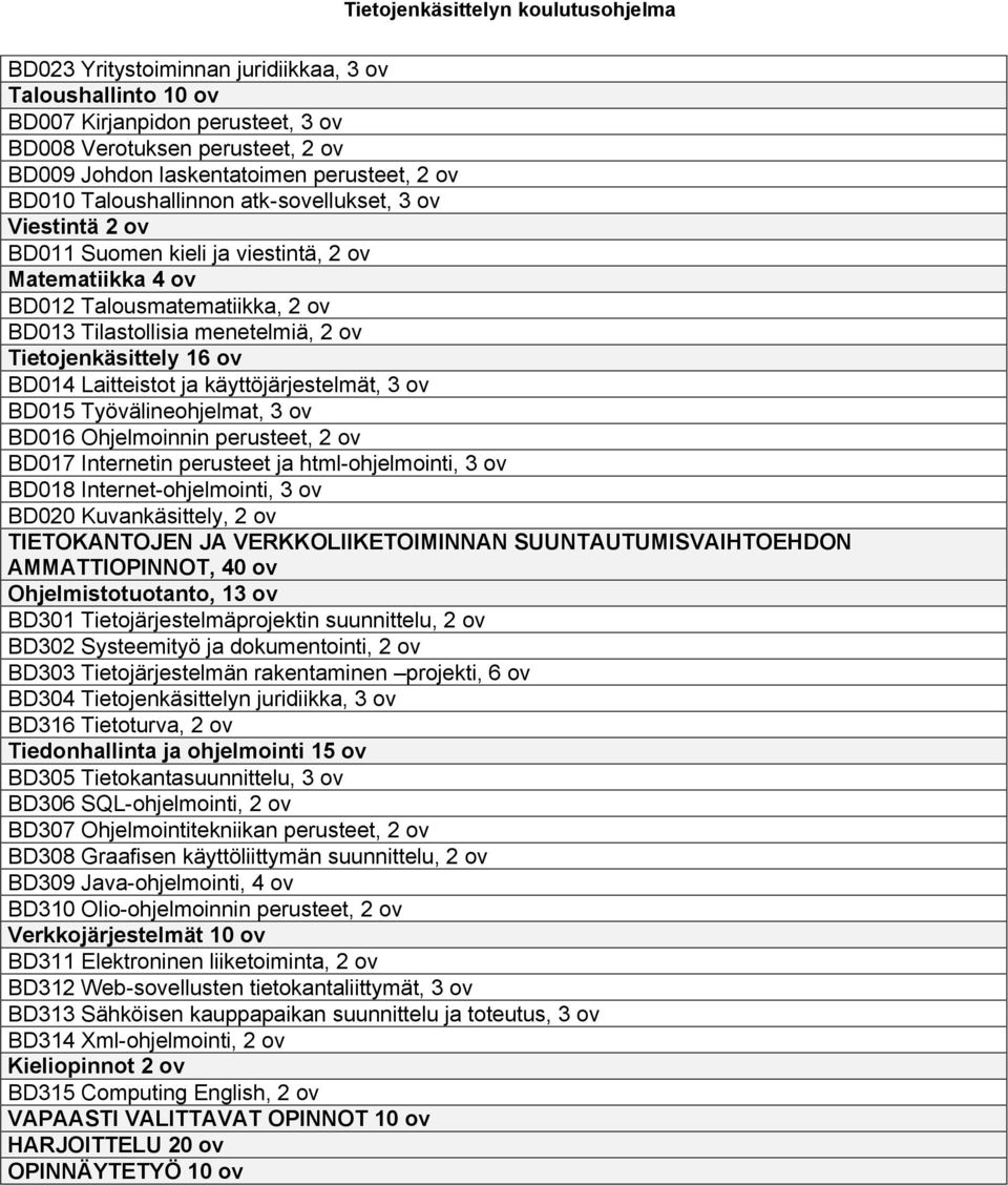 Laitteistot ja käyttöjärjestelmät, 3 ov BD015 Työvälineohjelmat, 3 ov BD016 Ohjelmoinnin perusteet, 2 ov BD017 Internetin perusteet ja html-ohjelmointi, 3 ov BD018 Internet-ohjelmointi, 3 ov BD020