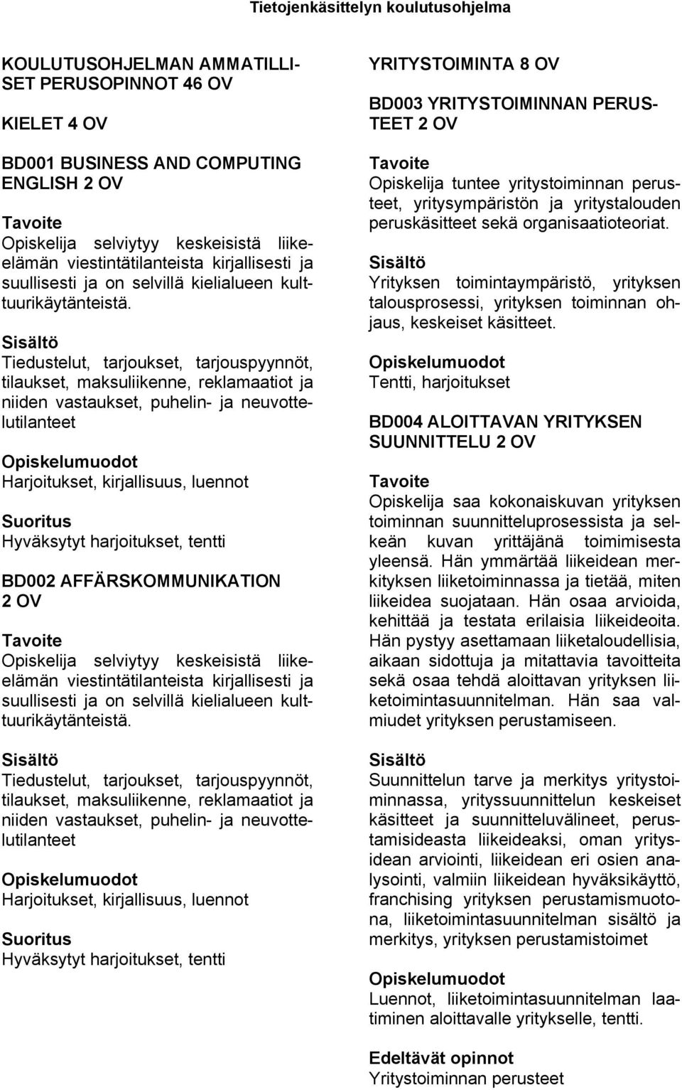 Tiedustelut, tarjoukset, tarjouspyynnöt, tilaukset, maksuliikenne, reklamaatiot ja niiden vastaukset, puhelin- ja neuvottelutilanteet BD002 AFFÄRSKOMMUNIKATION Opiskelija selviytyy keskeisistä